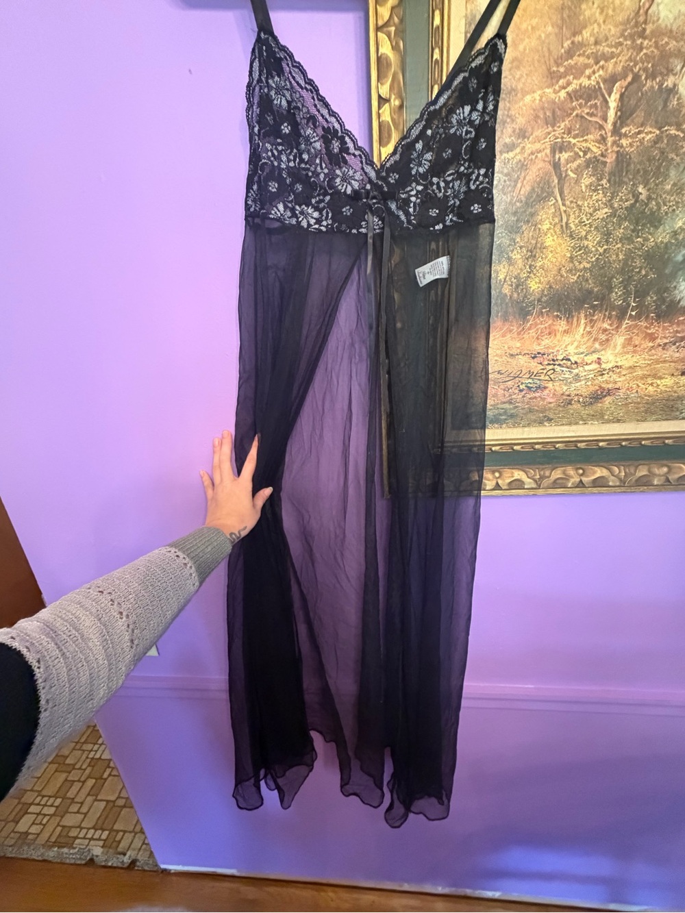 Vintage Petra Fashions Black Sheer Lace Babydoll Chemise Nightgown Small